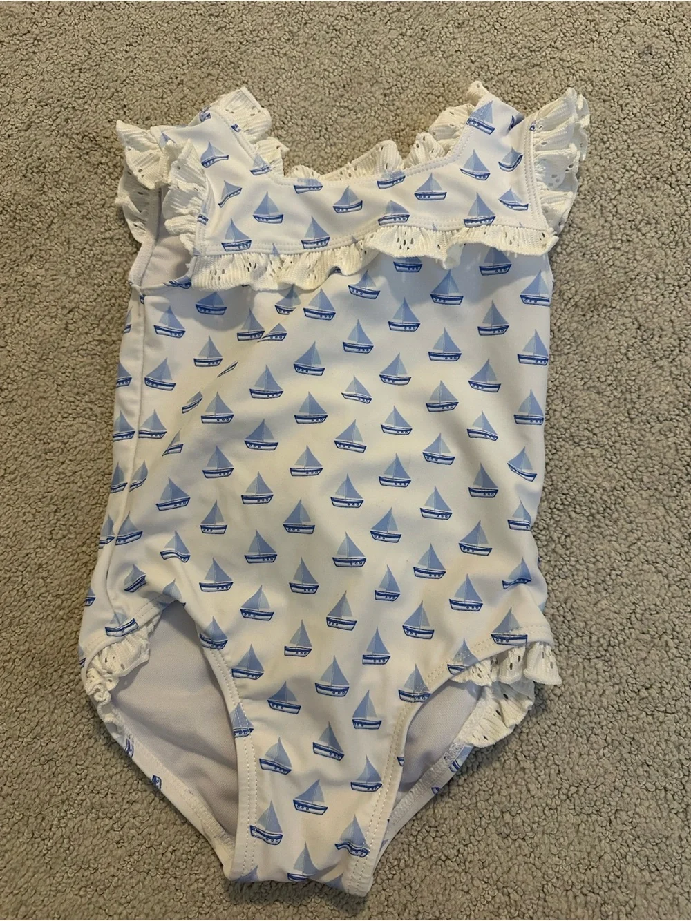 Edgehill Collection White & Light Blue Sailboat Ruffle One-Piece Swimsuit